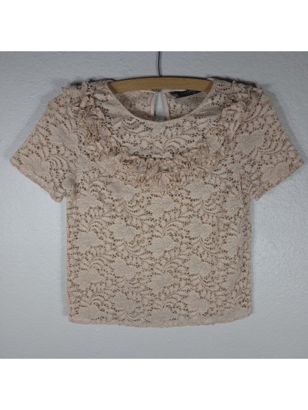 Zara Women's Floral Lace Blush Pink Top Blouse Size XS Short Sleeve